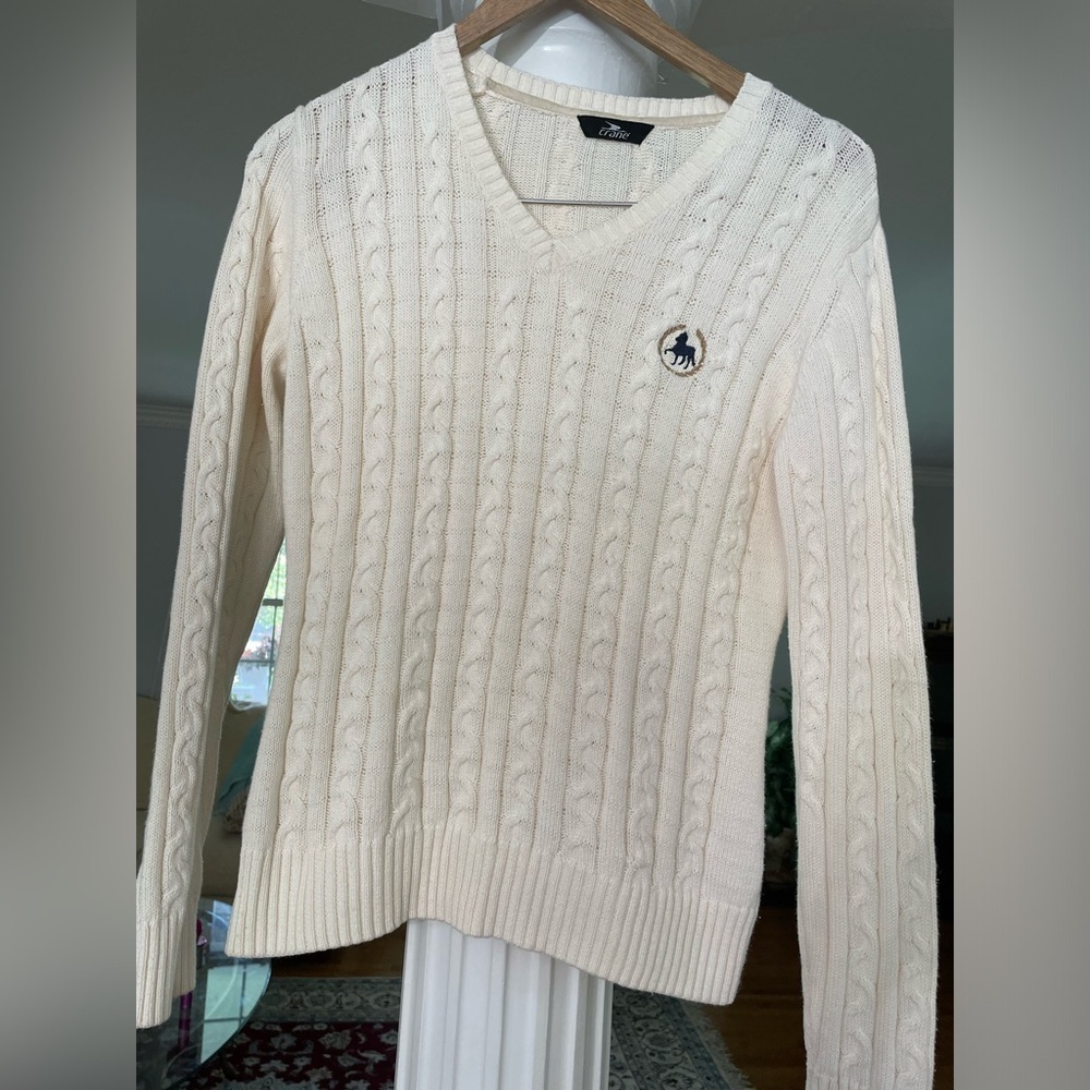 Crane women’s Ivory Aran plaid v-neck 100% cotton sweater size medium (12-14)